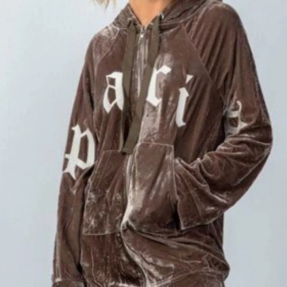 Essue Velour Paris Jacket Mocha Zip Up Oversized Hoodie Pockets Small
